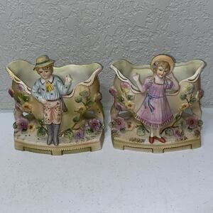 VTG Moriyama China Flower Vase Planter Bisque Set Of 2 Boy Girl Occupied Japan